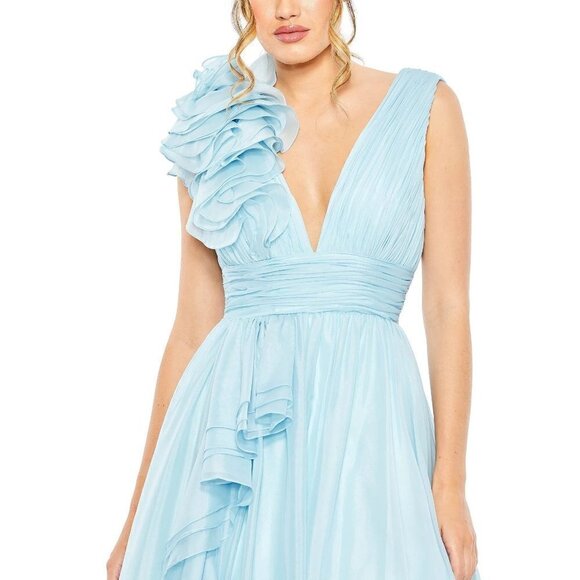 MAC DUGGAL Ruffle Shoulder V-neck Chiffon Gown in Powder Blue Size US 2 - Picture 11 of 13